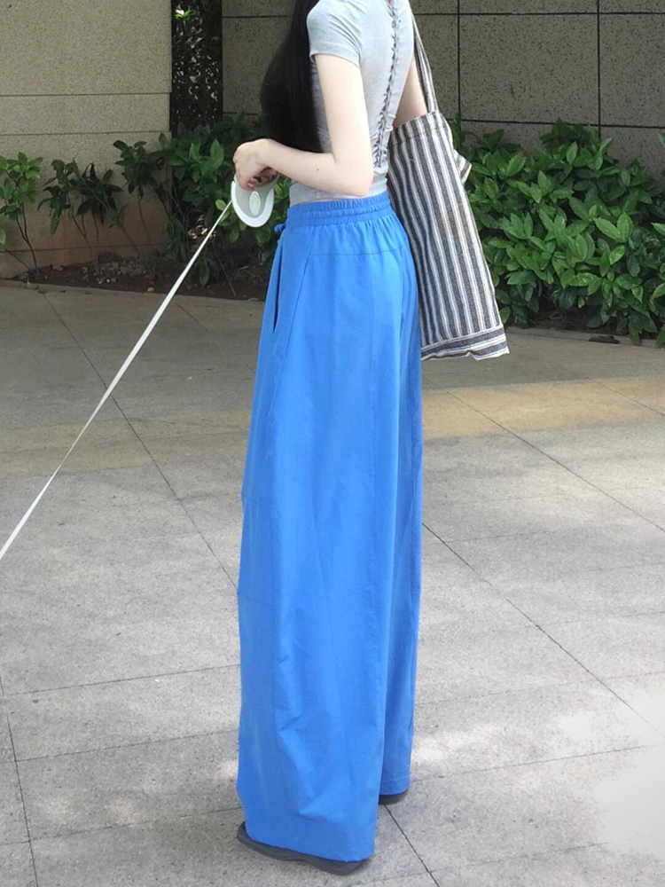 High-Waisted Blue Drawstring Casual Pants for Women - Versatile Wide-Leg Summer 2025 Style High-Waisted Blue Drawstring Casual Pants for Women - Versatile Wide-Leg Summer 2025 Style