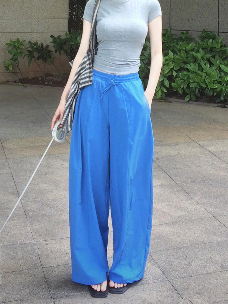 High-Waisted Blue Drawstring Casual Pants for Women - Versatile Wide-Leg Summer 2025 Style High-Waisted Blue Drawstring Casual Pants for Women - Versatile Wide-Leg Summer 2025 Style