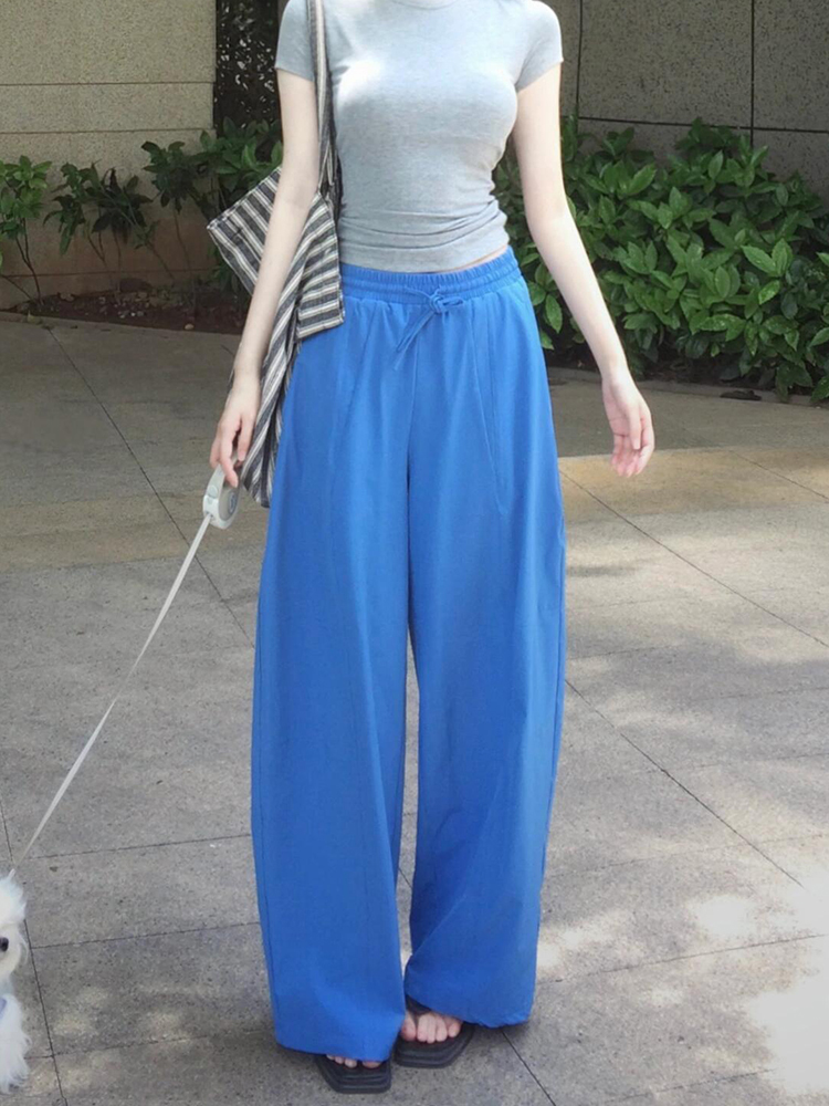 High-Waisted Blue Drawstring Casual Pants for Women - Versatile Wide-Leg Summer 2025 Style High-Waisted Blue Drawstring Casual Pants for Women - Versatile Wide-Leg Summer 2025 Style