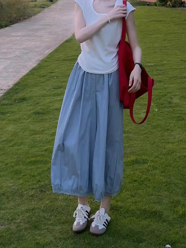 High-Waisted Blue Flower Bud Wide-Leg Pants for Women - Summer Slim-Fit Nine-Point Casual Trousers with Lazy Puffed Design