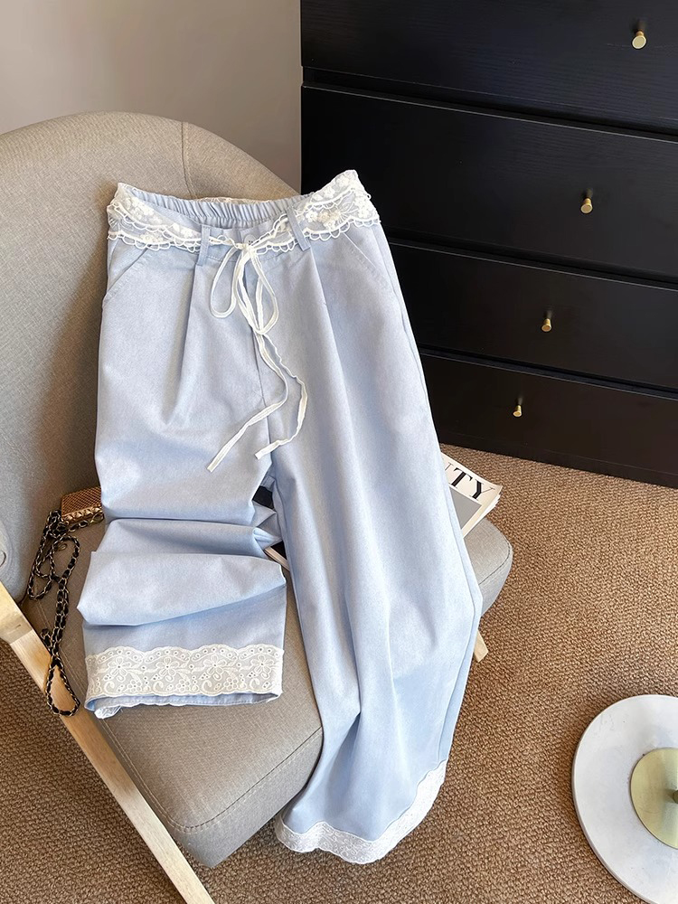 High-Waisted Blue Lace Spliced Floral Edge Wide-Leg Pants for Women - Summer 2025 Casual Slim-Fit Loose Straight Style