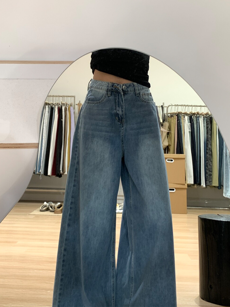 High-Waisted Blue Lightweight Wide-Leg Jeans for Women, Summer Style, Loose Fit, Flattering Straight-Leg Floor-Length Pants High-Waisted Blue Lightweight Wide-Leg Jeans for Women, Summer Style, Loose Fit, Flattering Straight-Leg Floor-Length Pants