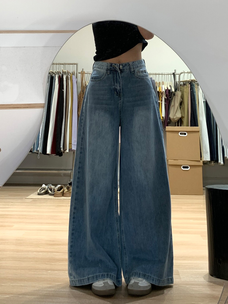 High-Waisted Blue Lightweight Wide-Leg Jeans for Women, Summer Style, Loose Fit, Flattering Straight-Leg Floor-Length Pants