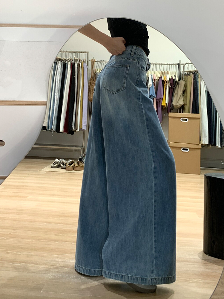 High-Waisted Blue Lightweight Wide-Leg Jeans for Women, Summer Style, Loose Fit, Flattering Straight-Leg Floor-Length Pants