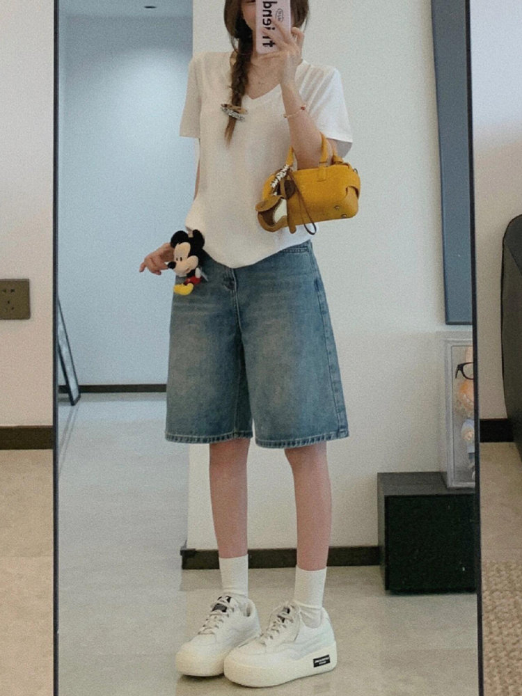 High-Waisted Blue Wide-Leg Denim Shorts for Women - Summer Style, Loose Fit, Versatile Mid-Length Five-Point Shorts