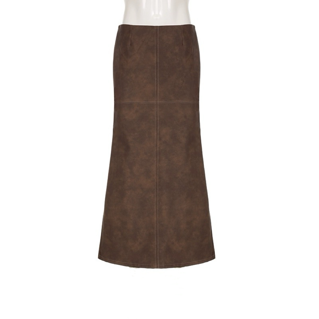 High-Waisted Bodycon Leather Skirt - Retro American Style Mid-Length A-Line with Split Design in Maillard Brown
