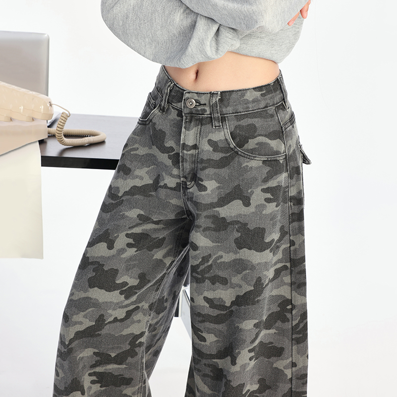 High-Waisted Cargo Wide-Leg Camouflage Jeans for Women - American High Street Style, Loose-Fit Casual Pants for Autumn 2025