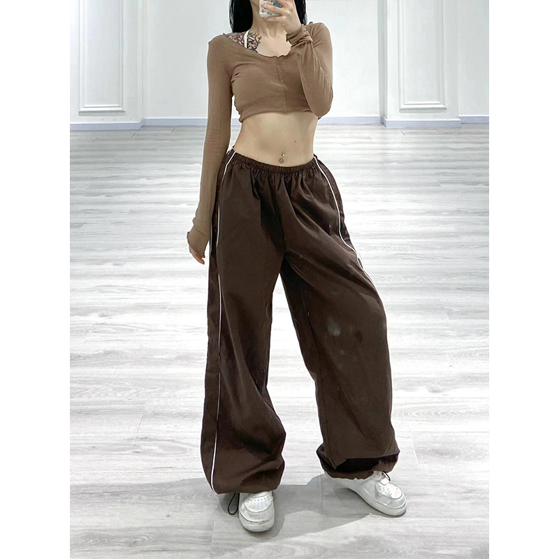 High-Waisted Coffee-Colored Casual Pants for Women - Retro Double-Bar Dance Sports Trousers, European American Style High-Waisted Coffee-Colored Casual Pants for Women - Retro Double-Bar Dance Sports Trousers, European American Style