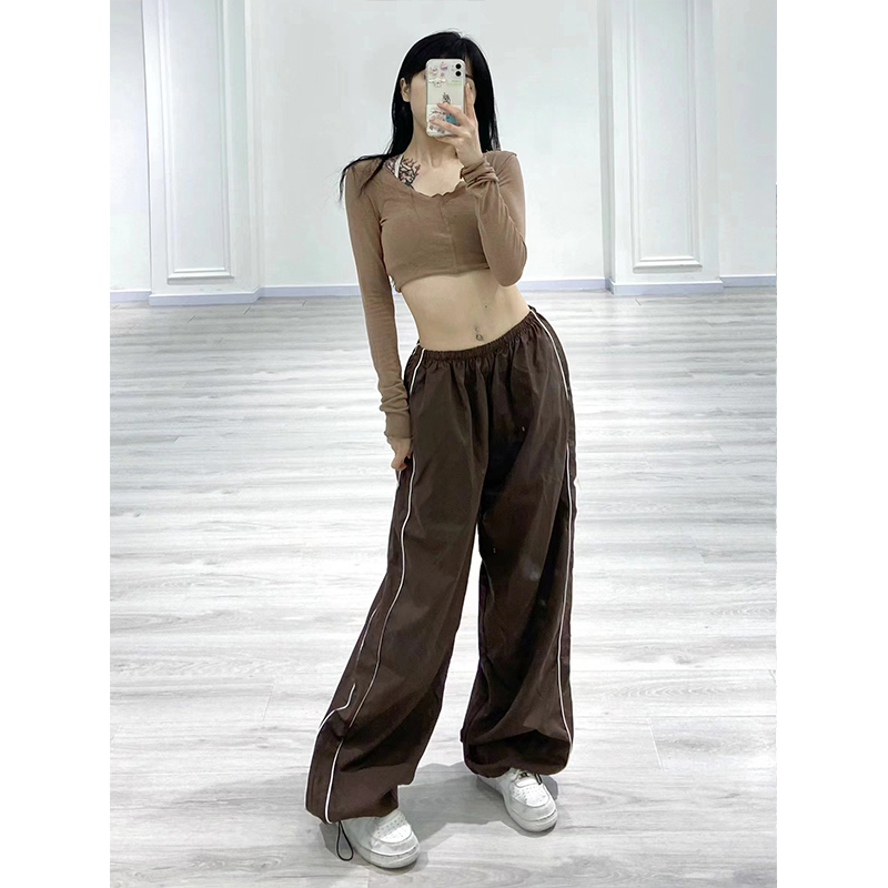 High-Waisted Coffee-Colored Casual Pants for Women - Retro Double-Bar Dance Sports Trousers, European American Style High-Waisted Coffee-Colored Casual Pants for Women - Retro Double-Bar Dance Sports Trousers, European American Style