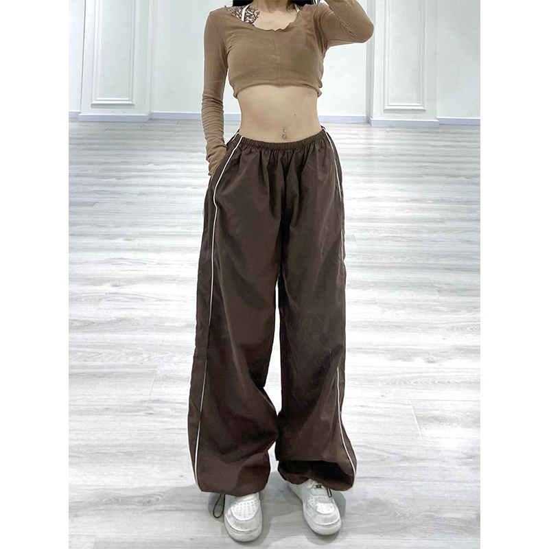 High-Waisted Coffee-Colored Casual Pants for Women - Retro Double-Bar Dance Sports Trousers, European American Style High-Waisted Coffee-Colored Casual Pants for Women - Retro Double-Bar Dance Sports Trousers, European American Style
