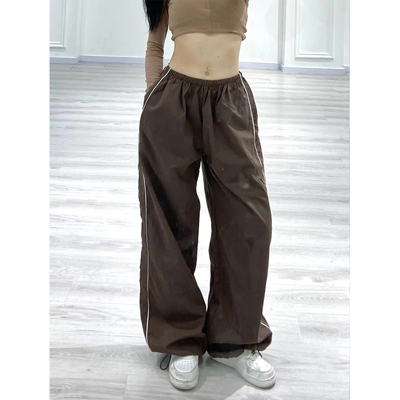High-Waisted Coffee-Colored Casual Pants for Women - Retro Double-Bar Dance Sports Trousers, European American Style