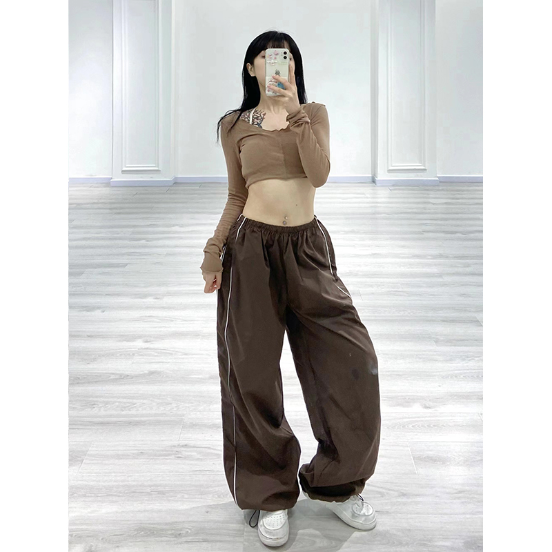 High-Waisted Coffee-Colored Casual Pants for Women - Retro Double-Bar Dance Sports Trousers, European American Style High-Waisted Coffee-Colored Casual Pants for Women - Retro Double-Bar Dance Sports Trousers, European American Style