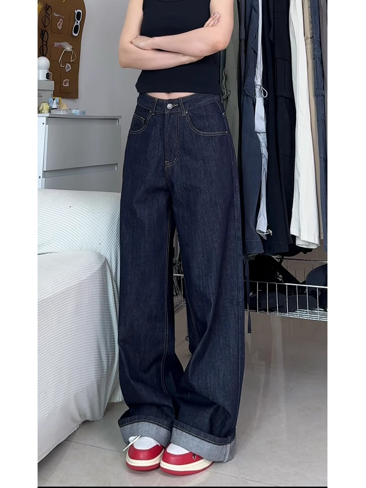 High-Waisted Denim Blue Wide-Leg Jeans for Women - Summer Casual Loose-Fitting Straight-Leg Pants, Versatile & Slimming Style