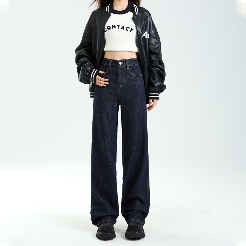 High-Waisted Denim Blue Wide-Leg Jeans for Women, Thick Fleece Lined, Winter Slim-Fit Loose Straight Pants