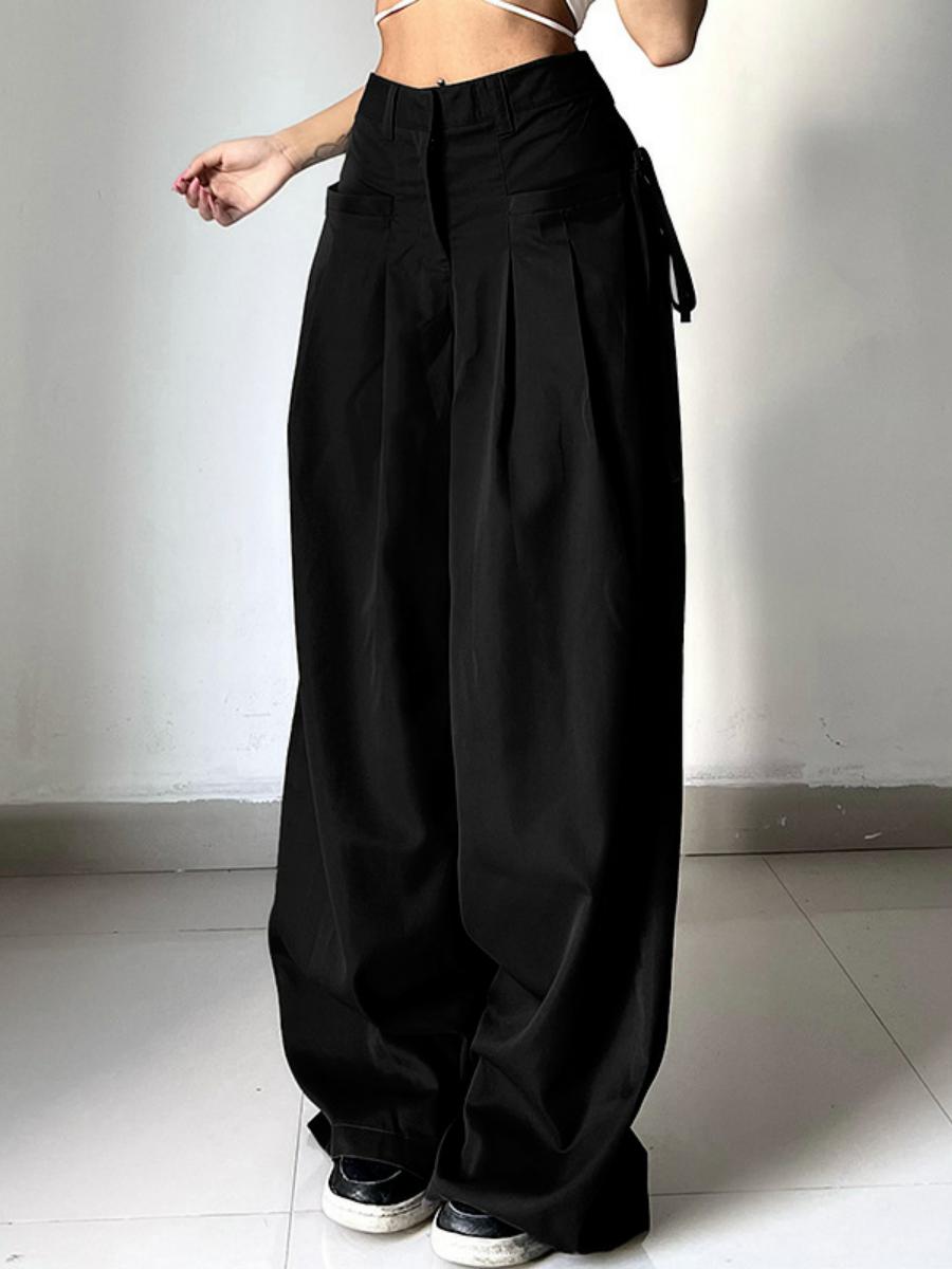 High-Waisted Draped Wide-Leg Pants for Tall Individuals - Minimalist Floor-Length Suit Pants with Pleats, Loose Casual Fit High-Waisted Draped Wide-Leg Pants for Tall Individuals - Minimalist Floor-Length Suit Pants with Pleats, Loose Casual Fit