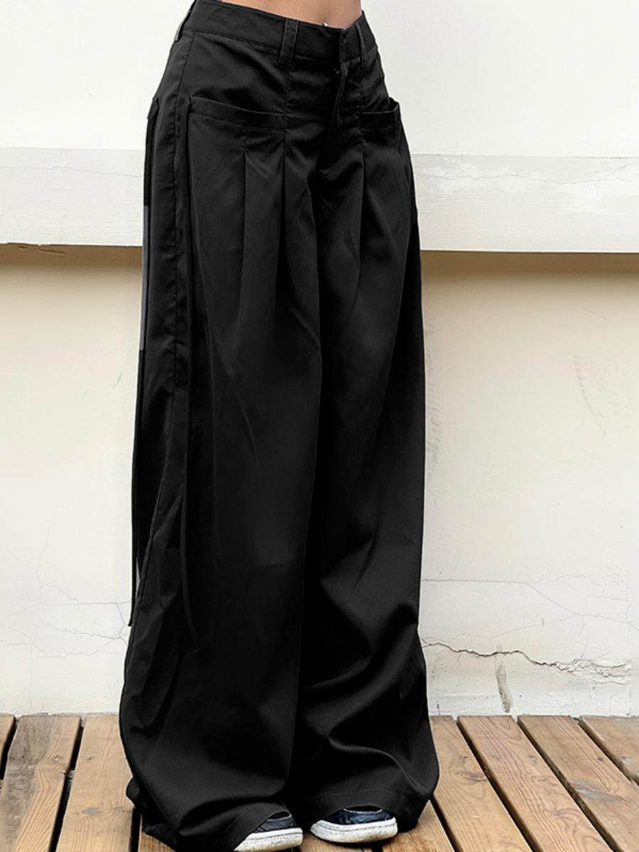 High-Waisted Draped Wide-Leg Pants for Tall Individuals - Minimalist Floor-Length Suit Pants with Pleats, Loose Casual Fit High-Waisted Draped Wide-Leg Pants for Tall Individuals - Minimalist Floor-Length Suit Pants with Pleats, Loose Casual Fit