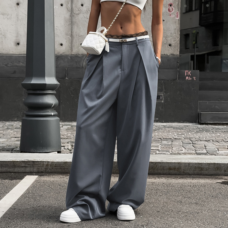 High-Waisted Draped Wide-Leg Pants for Tall Individuals - Minimalist Floor-Length Suit Pants with Pleats, Loose Casual Fit High-Waisted Draped Wide-Leg Pants for Tall Individuals - Minimalist Floor-Length Suit Pants with Pleats, Loose Casual Fit
