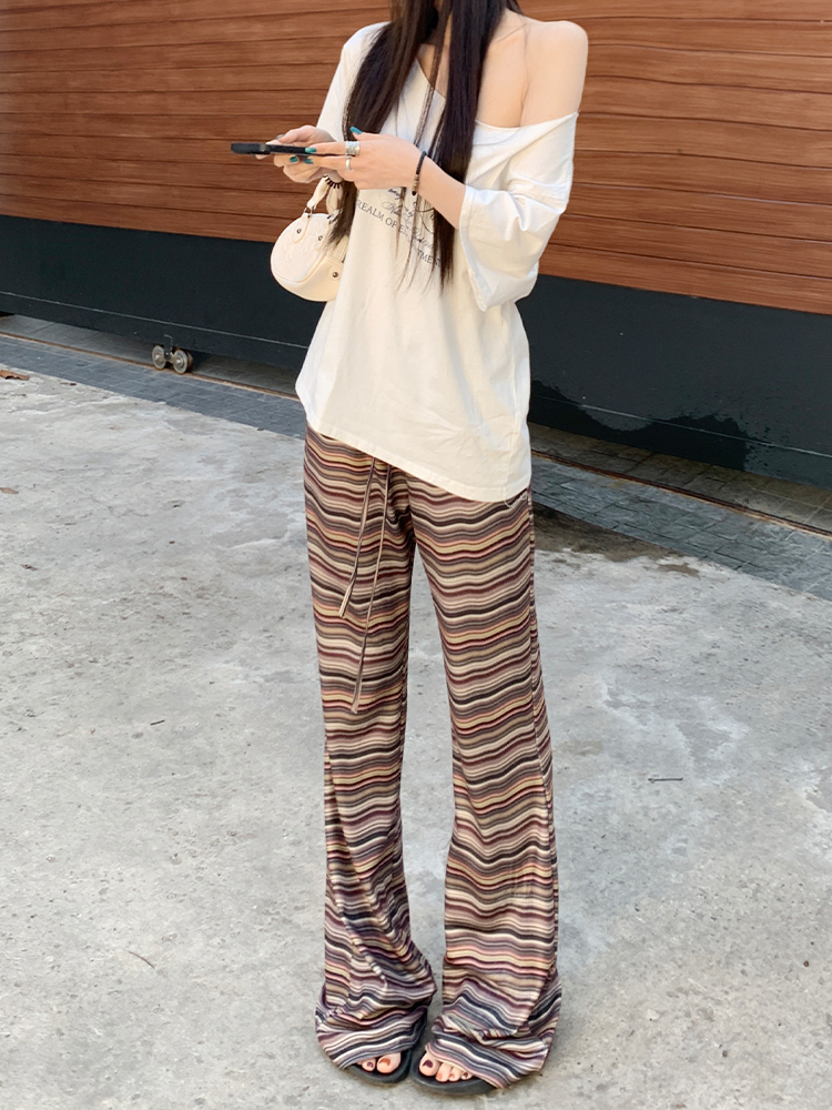 High-Waisted Drawstring Flared Pants for Women - American Style Bell-Bottoms, Casual Spring/Summer 2025, Floor-Length Trousers
