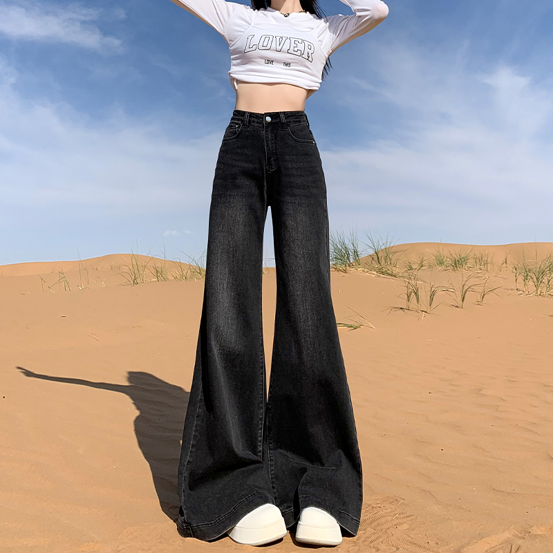 High-Waisted Fleece-Lined Black Gray Flared Wide-Leg Jeans for Women - 2025 Autumn Winter Bell-Bottom Pants