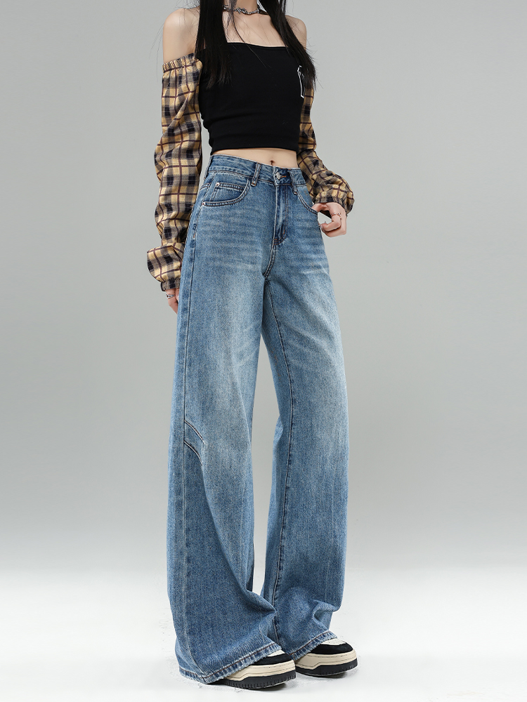High-Waisted Fleece-Lined Flared Jeans for Women, Retro Loose-Fitting Wide-Leg Pants, Cat Whisker Design, Autumn Winter Fashion High-Waisted Fleece-Lined Flared Jeans for Women, Retro Loose-Fitting Wide-Leg Pants, Cat Whisker Design, Autumn Winter Fashion