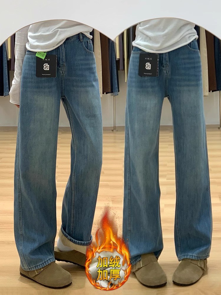 High-Waisted Fleece-Lined Light-Colored Straight-Leg Jeans for Women - Flattering Fit for Petite Pear-Shaped Figures, Autumn Winter 2025 Style High-Waisted Fleece-Lined Light-Colored Straight-Leg Jeans for Women - Flattering Fit for Petite Pear-Shaped Figures, Autumn Winter 2025 Style