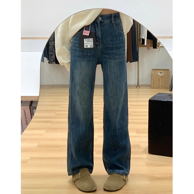 High-Waisted Fleece-Lined Light-Colored Straight-Leg Jeans for Women - Flattering Fit for Petite Pear-Shaped Figures, Autumn Winter 2025 Style High-Waisted Fleece-Lined Light-Colored Straight-Leg Jeans for Women - Flattering Fit for Petite Pear-Shaped Figures, Autumn Winter 2025 Style