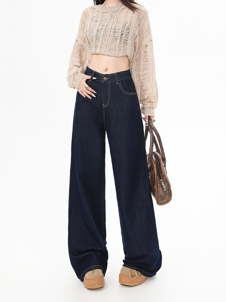 High-Waisted Fleece-Lined Wide-Leg Jeans for Women - Dark Blue, Loose-Fitting, Slimming Straight-Leg Pants for Autumn Winter 2025 High-Waisted Fleece-Lined Wide-Leg Jeans for Women - Dark Blue, Loose-Fitting, Slimming Straight-Leg Pants for Autumn Winter 2025