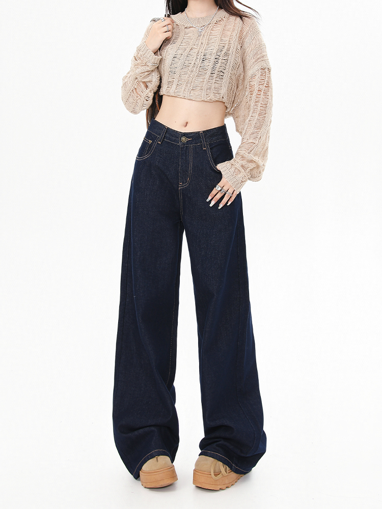 High-Waisted Fleece-Lined Wide-Leg Jeans for Women - Dark Blue, Loose-Fitting, Slimming Straight-Leg Pants for Autumn Winter 2025 High-Waisted Fleece-Lined Wide-Leg Jeans for Women - Dark Blue, Loose-Fitting, Slimming Straight-Leg Pants for Autumn Winter 2025