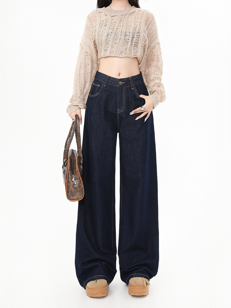 High-Waisted Fleece-Lined Wide-Leg Jeans for Women - Dark Blue, Loose-Fitting, Slimming Straight-Leg Pants for Autumn Winter 2025 High-Waisted Fleece-Lined Wide-Leg Jeans for Women - Dark Blue, Loose-Fitting, Slimming Straight-Leg Pants for Autumn Winter 2025