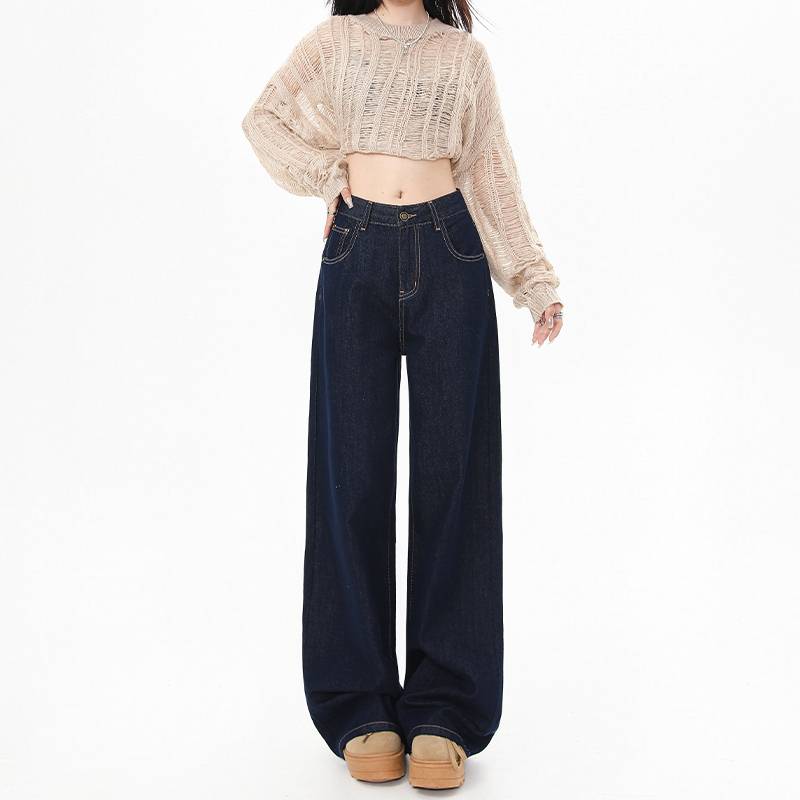 High-Waisted Fleece-Lined Wide-Leg Jeans for Women - Dark Blue, Loose-Fitting, Slimming Straight-Leg Pants for Autumn Winter 2025
