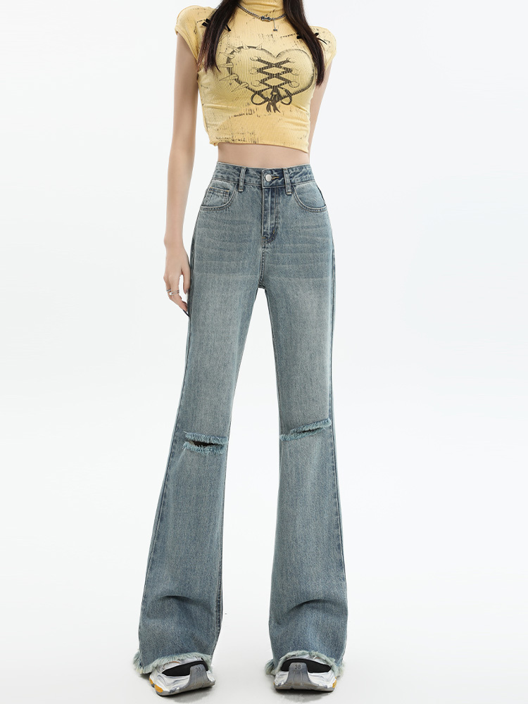 High-Waisted Frayed Hole Flared Jeans for Women - American Distressed Design, Slimming Effect, Spring Summer 2025 Fashion