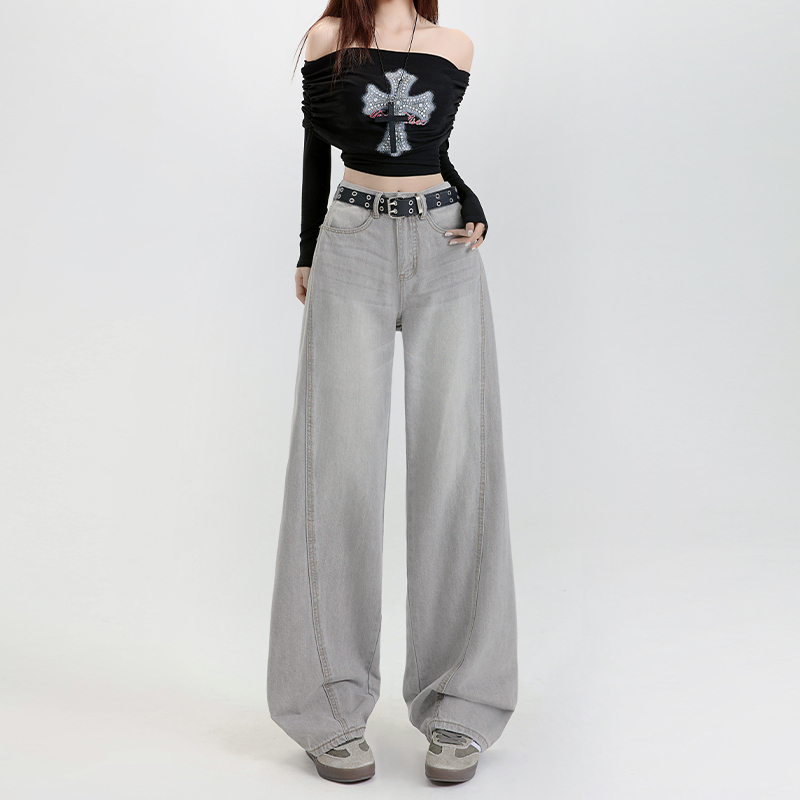 High-Waisted Gray Water-Washed Wide-Leg Jeans for Women, 2025 Autumn Winter Plush Patchwork Loose Fit Pants