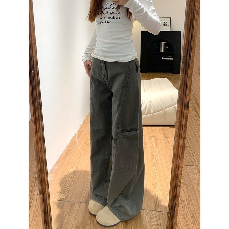 High-Waisted Gray Wide-Leg Denim Work Pants for Women - Summer Slimming Casual Straight-Leg Trousers, Versatile American Style