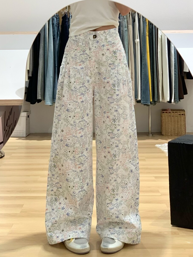 High-Waisted Japanese-Style Printed Graffiti Jeans for Women - Slim-Fit Wide-Leg Straight Pants for Spring 2025 High-Waisted Japanese-Style Printed Graffiti Jeans for Women - Slim-Fit Wide-Leg Straight Pants for Spring 2025