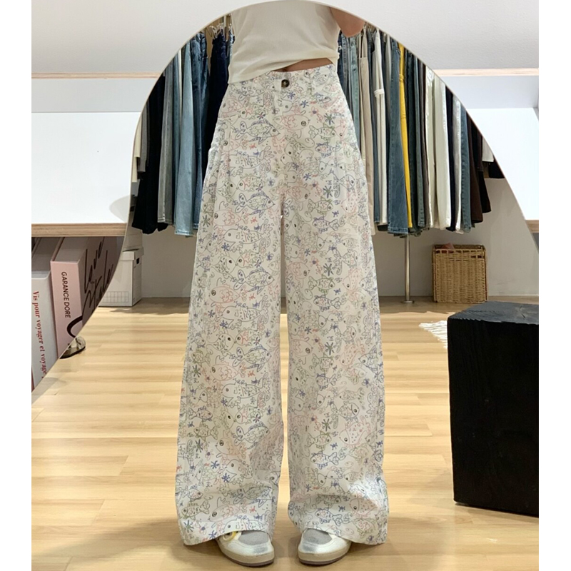 High-Waisted Japanese-Style Printed Graffiti Jeans for Women - Slim-Fit Wide-Leg Straight Pants for Spring 2025 High-Waisted Japanese-Style Printed Graffiti Jeans for Women - Slim-Fit Wide-Leg Straight Pants for Spring 2025