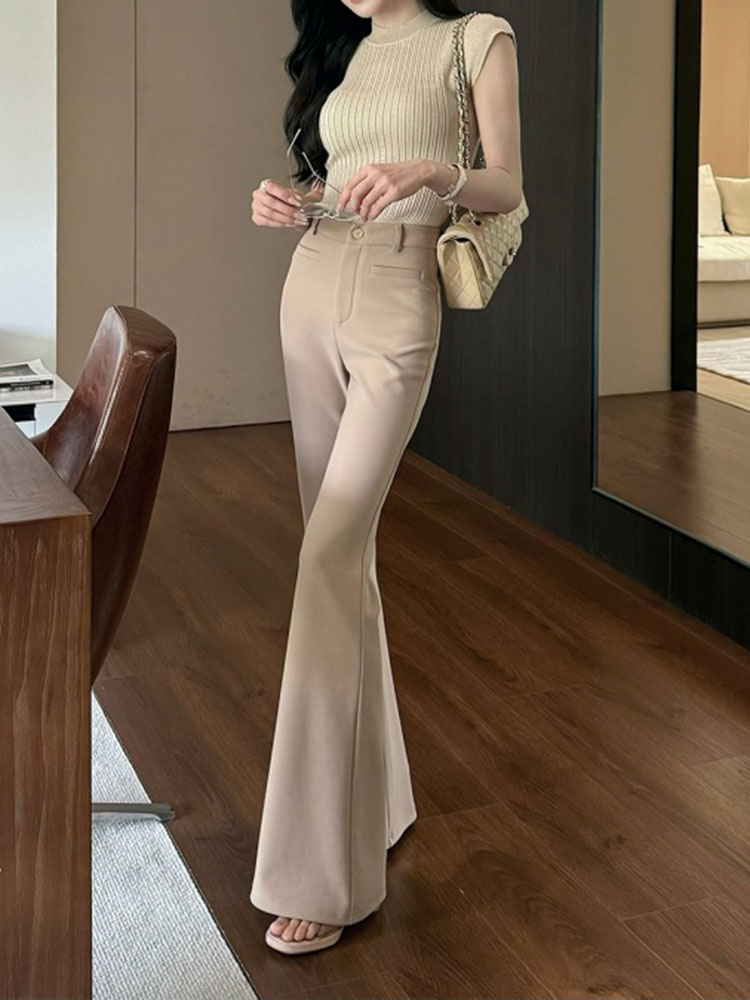 High-Waisted Khaki Flared Suit Pants for Women - Slim Fit Bell-Bottoms for Summer 2025, Professional Commuting Style High-Waisted Khaki Flared Suit Pants for Women - Slim Fit Bell-Bottoms for Summer 2025, Professional Commuting Style