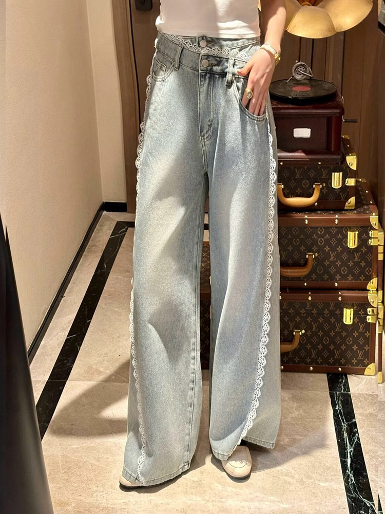 High-Waisted Lace Trim Straight-Leg Jeans for Women, Slim Fit Wide-Leg Summer 2025 Fashion Pants High-Waisted Lace Trim Straight-Leg Jeans for Women, Slim Fit Wide-Leg Summer 2025 Fashion Pants
