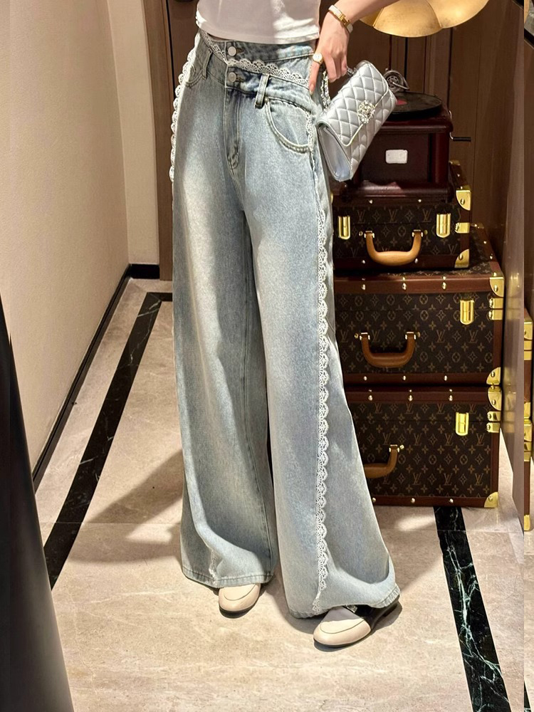 High-Waisted Lace Trim Straight-Leg Jeans for Women, Slim Fit Wide-Leg Summer 2025 Fashion Pants High-Waisted Lace Trim Straight-Leg Jeans for Women, Slim Fit Wide-Leg Summer 2025 Fashion Pants
