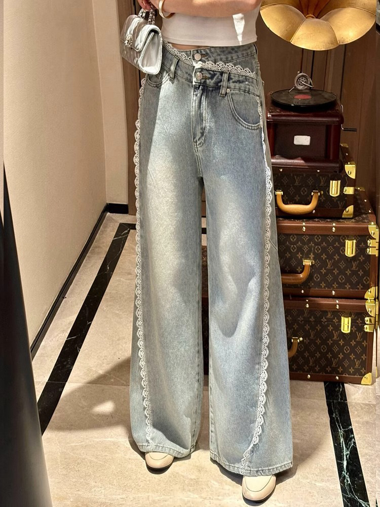 High-Waisted Lace Trim Straight-Leg Jeans for Women, Slim Fit Wide-Leg Summer 2025 Fashion Pants High-Waisted Lace Trim Straight-Leg Jeans for Women, Slim Fit Wide-Leg Summer 2025 Fashion Pants