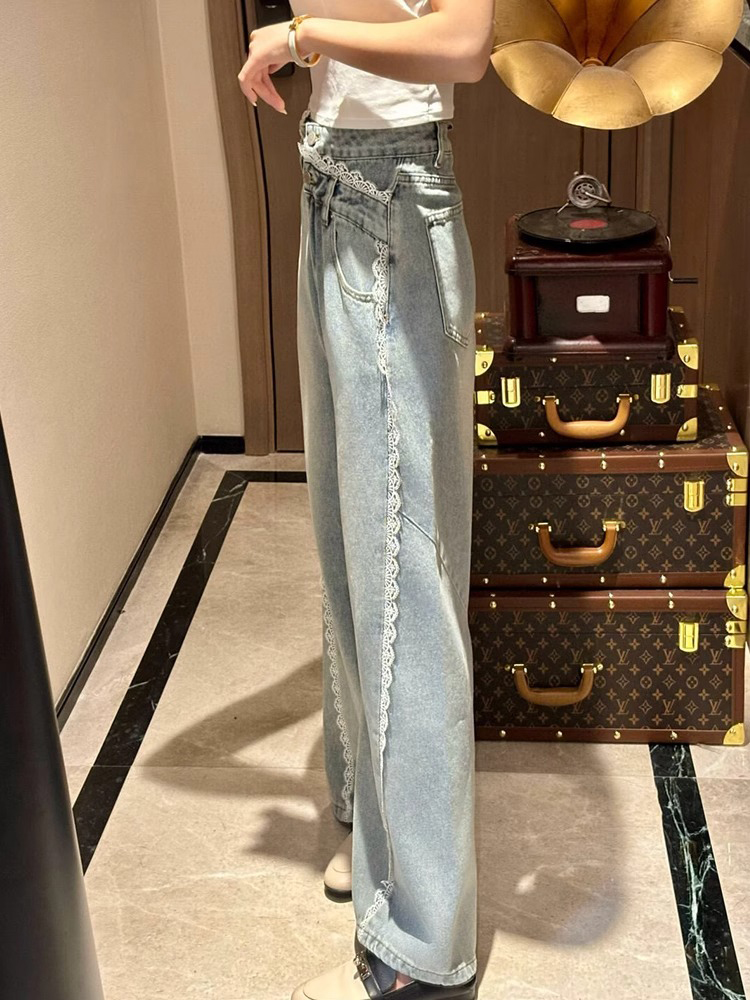 High-Waisted Lace Trim Straight-Leg Jeans for Women, Slim Fit Wide-Leg Summer 2025 Fashion Pants High-Waisted Lace Trim Straight-Leg Jeans for Women, Slim Fit Wide-Leg Summer 2025 Fashion Pants