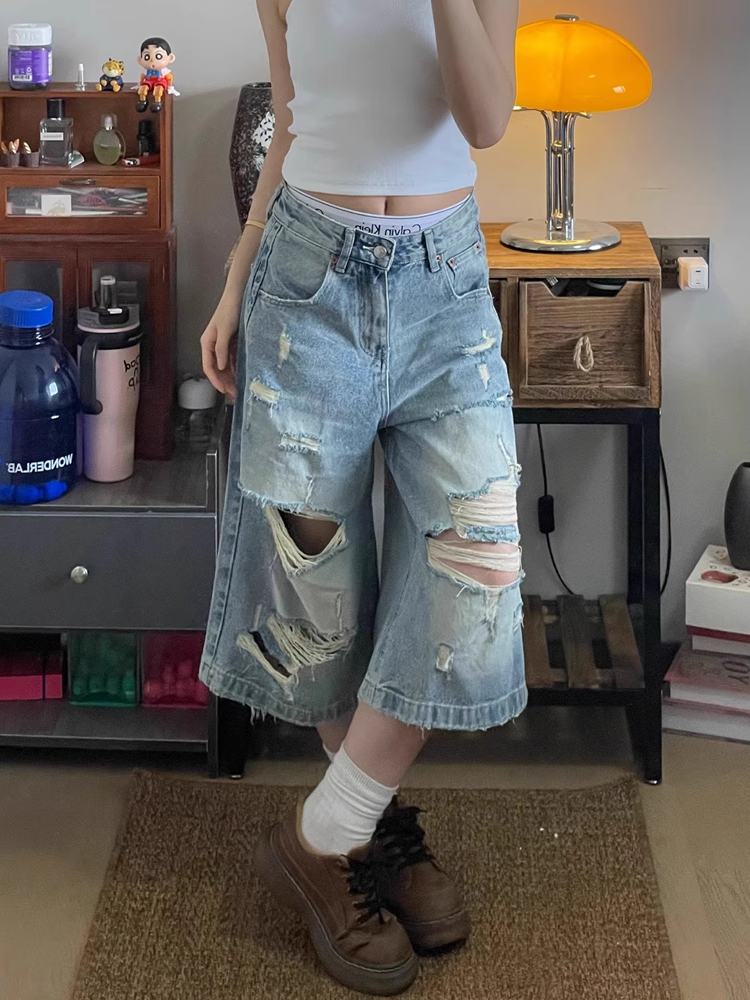 High-Waisted Light Ripped Denim Shorts for Women - Loose Wide-Leg, Versatile Summer Style, Mid-Length Straight Cut