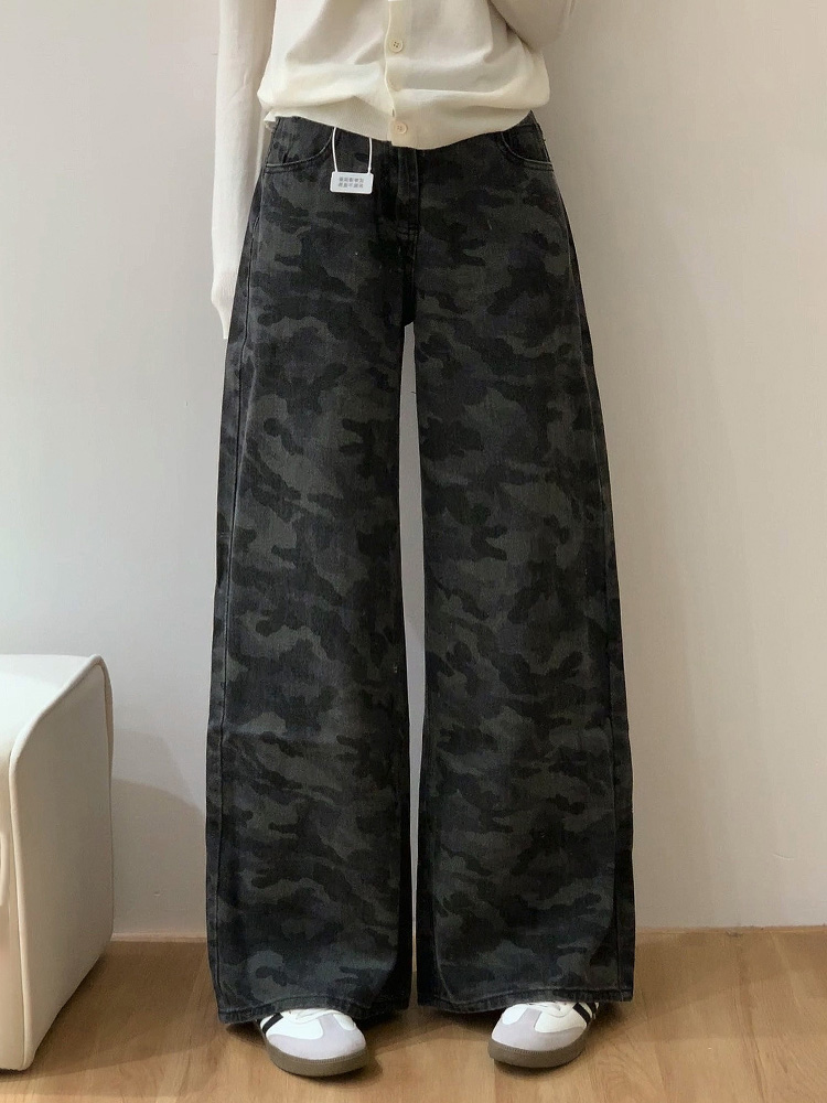 High-Waisted Loose Wide-Leg Camouflage Denim Work Pants for Women - American Retro Summer Style Slimming Casual Trousers
