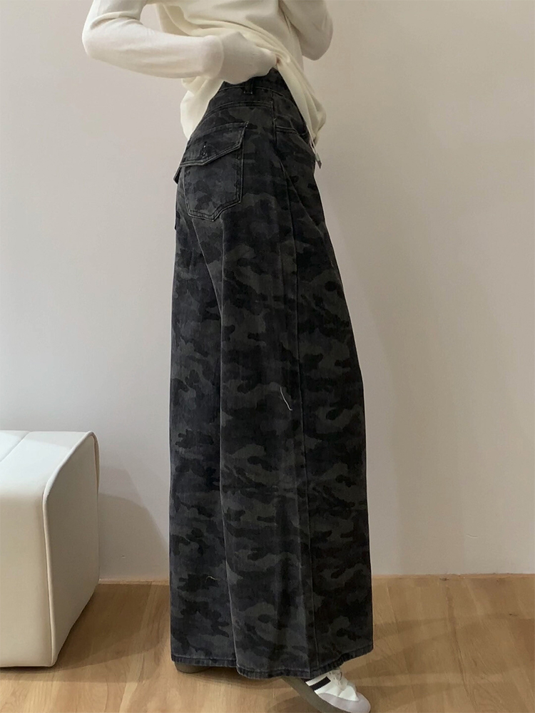 High-Waisted Loose Wide-Leg Camouflage Denim Work Pants for Women - American Retro Summer Style Slimming Casual Trousers High-Waisted Loose Wide-Leg Camouflage Denim Work Pants for Women - American Retro Summer Style Slimming Casual Trousers