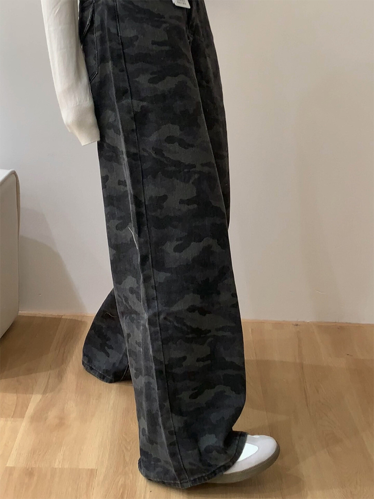High-Waisted Loose Wide-Leg Camouflage Denim Work Pants for Women - American Retro Summer Style Slimming Casual Trousers High-Waisted Loose Wide-Leg Camouflage Denim Work Pants for Women - American Retro Summer Style Slimming Casual Trousers