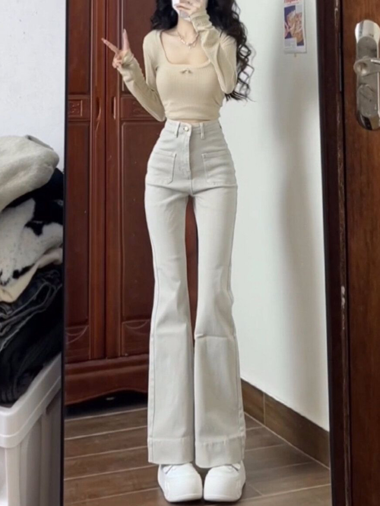 High-Waisted Off-White Slightly Flared Denim Pants for Women - Stretchy Slim-Fit Straight-Leg Summer Style High-Waisted Off-White Slightly Flared Denim Pants for Women - Stretchy Slim-Fit Straight-Leg Summer Style