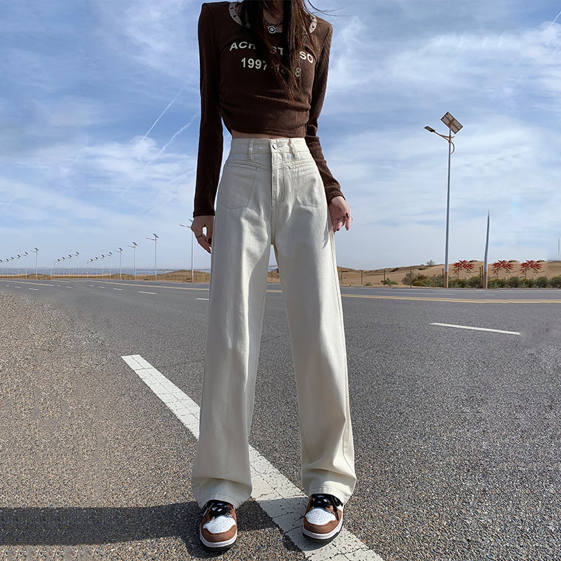 High-Waisted Off-White Wide-Leg Jeans for Women - Fleece-Lined, Loose Straight-Leg, Autumn Winter 2025 Fashion Pants