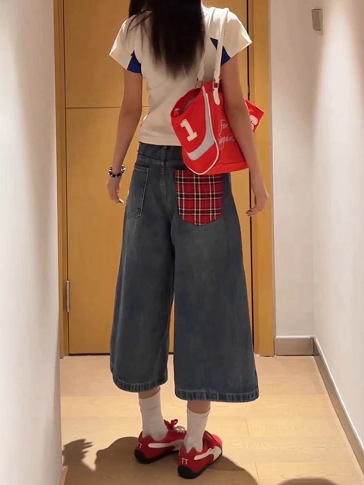 High-Waisted Patchwork Grid Denim Shorts for Women - Retro 90s Loose Wide-Leg Slim Straight Mid-Length Style