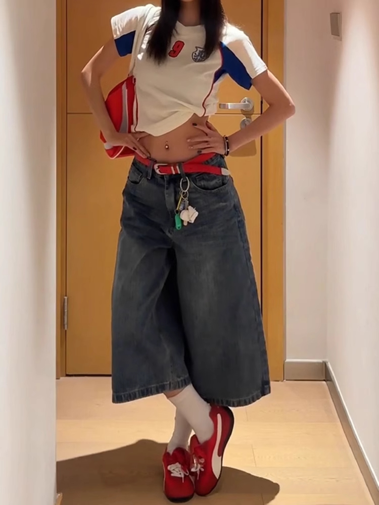 High-Waisted Patchwork Grid Denim Shorts for Women - Retro 90s Loose Wide-Leg Slim Straight Mid-Length Style High-Waisted Patchwork Grid Denim Shorts for Women - Retro 90s Loose Wide-Leg Slim Straight Mid-Length Style