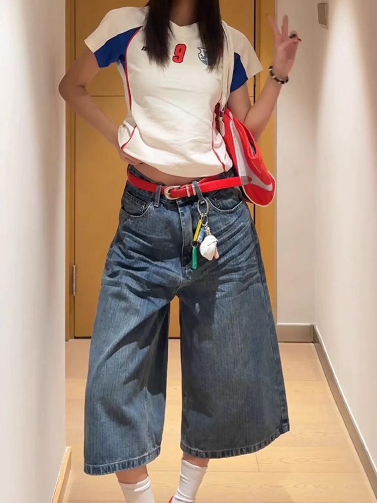 High-Waisted Patchwork Grid Denim Shorts for Women - Retro 90s Loose Wide-Leg Slim Straight Mid-Length Style High-Waisted Patchwork Grid Denim Shorts for Women - Retro 90s Loose Wide-Leg Slim Straight Mid-Length Style