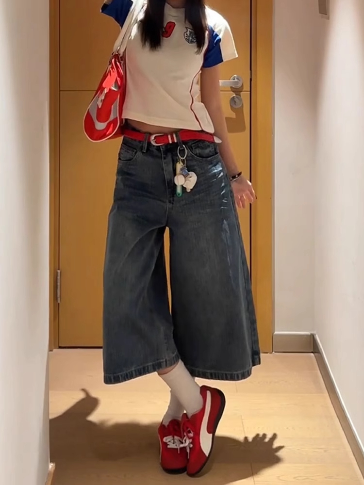 High-Waisted Patchwork Grid Denim Shorts for Women - Retro 90s Loose Wide-Leg Slim Straight Mid-Length Style High-Waisted Patchwork Grid Denim Shorts for Women - Retro 90s Loose Wide-Leg Slim Straight Mid-Length Style